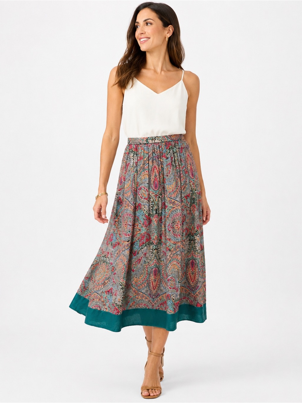 VINTAGE 100% Silk Multicolor Paisley Midi Skirt with Teal Hem M/8